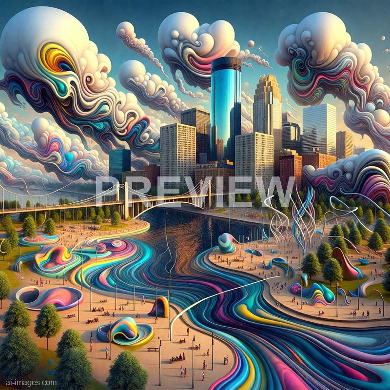 The image depicts a surreal cityscape with tall skyscrapers, some with reflective glass surfaces, set against a dramatic sky filled with swirling, colorful clouds and smoke. At the forefront, there is a park with a winding, multicolored river flowing through it, alongside abstract, flowing structures and trees, creating a whimsical and dreamlike atmosphere. The entire scene is characterized by vivid, swirling colors and exaggerated, fantastical elements, blending urban architecture with imaginative natural and abstract forms.
